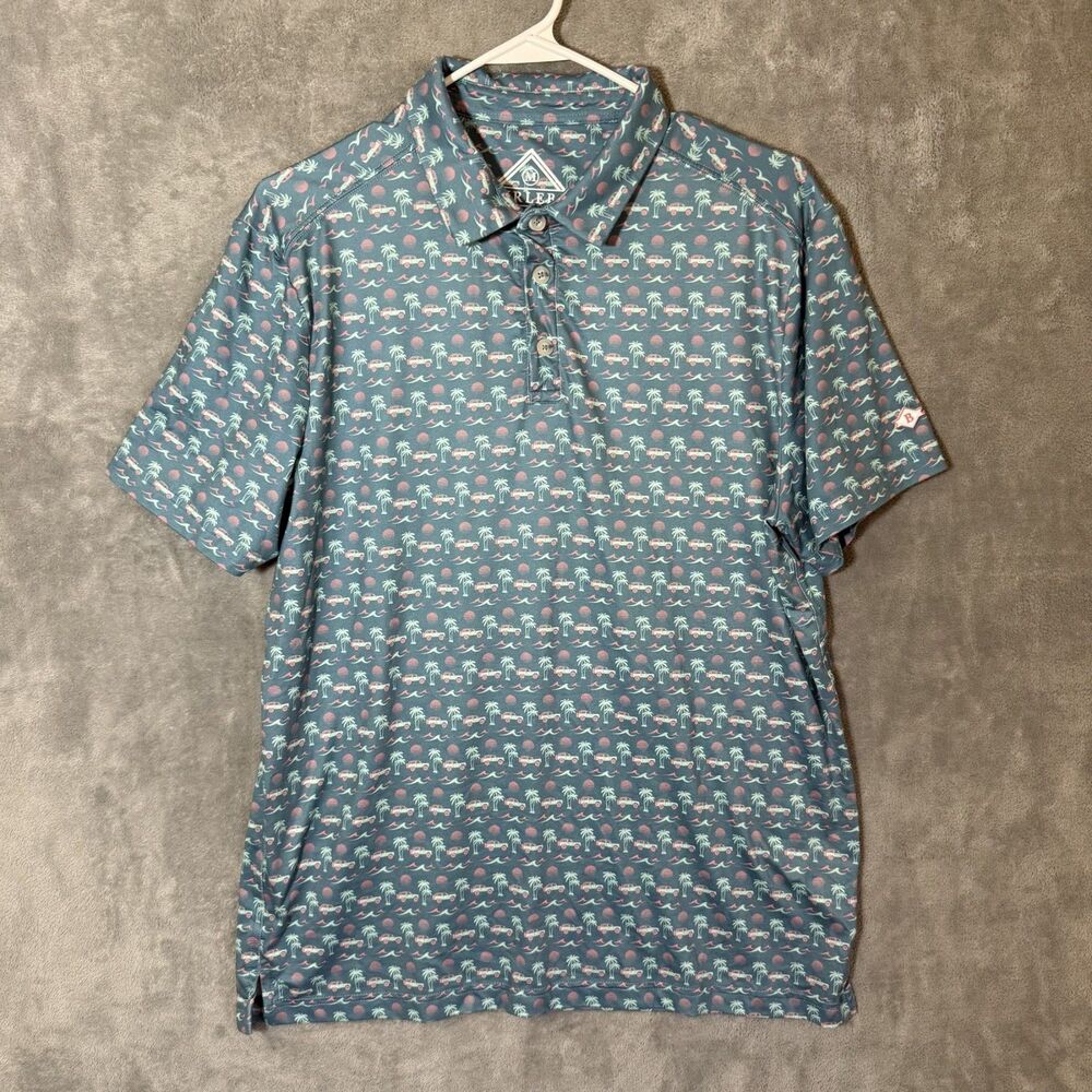 Burlebo Polo Shirt Mens M Teal Palm Trees Trucks Waves Sunset Golf Stretch